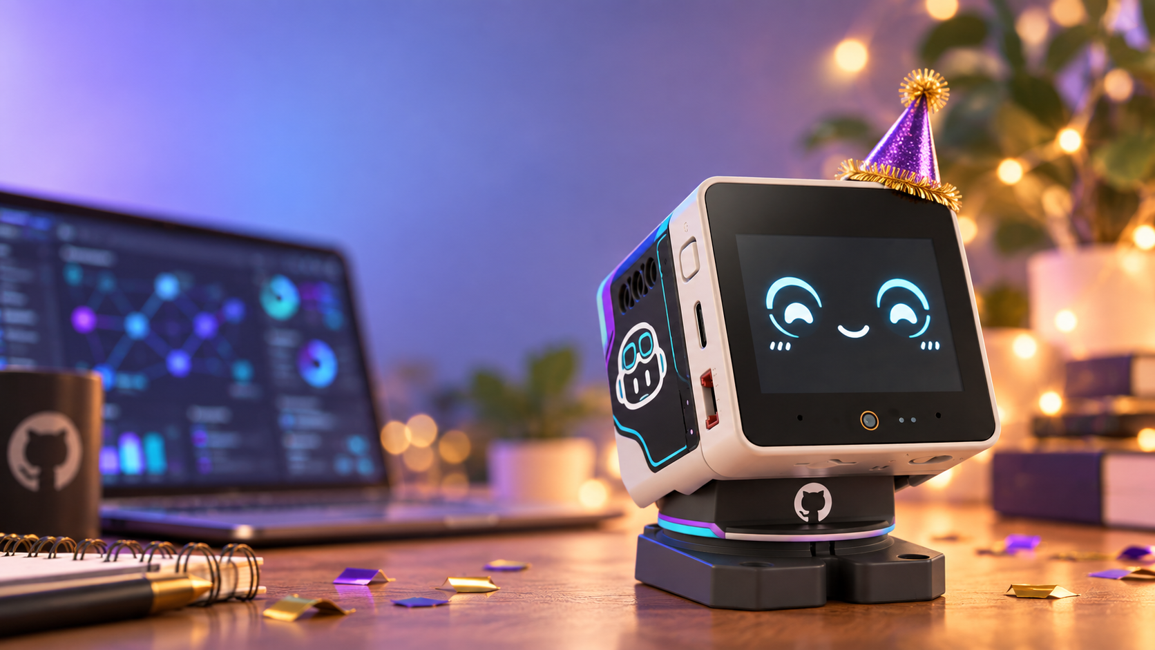 Concept visualization of an expressive desk robot wearing a party hat on a festive developer desk